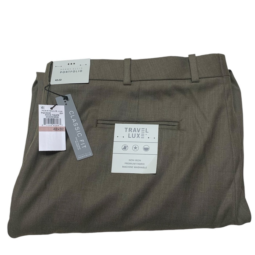 NEW Perry Ellis Portfolio men dress pants rock taupe sharkskin 42x32 classic fit